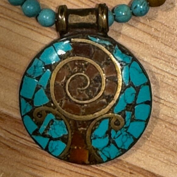 Beautiful Handmade Native American Faux Turquoise with Orgone Stone Pendant 16" - Picture 3 of 9